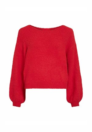 Roter, verkürzter Pullover mit langen, ballonförmigen Ärmeln. Hergestellt aus strukturiertem Stoff mit weitem Ausschnitt und geripptem Saum. Weiche Optik.