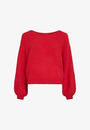 Maglione rosso, corto, con maniche lunghe a baloon. Realizzato in tessuto strutturato con scollatura ampia e orlo a coste. Aspetto morbido.