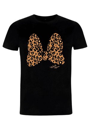 T-shirt in cotone nero con un grande motivo a fiocco di leopardo in arancione e nero, con un piccolo testo di firma in basso.