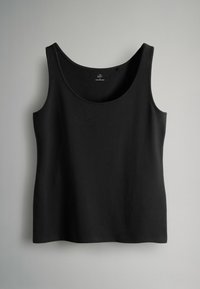 Czarny bezrękawnik z gładkiej bawełny, z zaokrąglonym dekoltem i prostym wzorem bez dodatkowych zdobień czy wzorów.
