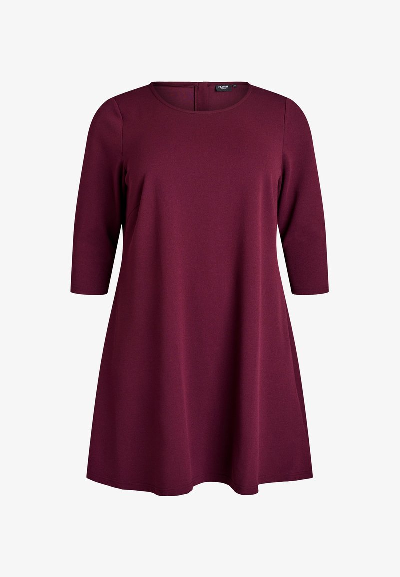 Bordeauxfarbenes knielanges Kleid aus weichem Stoff mit Rundhalsausschnitt und Dreiviertelärmeln. Verfügt über eine subtile A-Linien-Silhouette und einen Reißverschluss hinten.