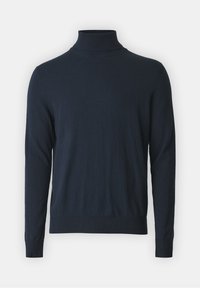 Pull à col roulé bleu marine foncé à manches longues avec poignets, col et ourlet côtelés sur un fond uni gris clair.