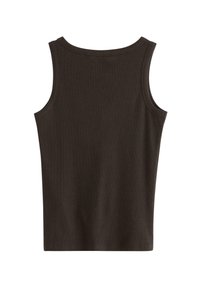 Mørkebrun, ærmeløs tanktop med ribbet tekstur og rund hals. Funktioner et enkelt design uden yderligere mønstre eller accenter.