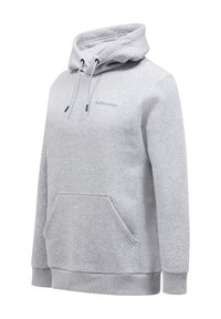Felpa con cappuccio grigio chiaro realizzata in tessuto morbido, con tasca frontale, polsini a coste, cappuccio con cordino regolabile e un ricamo del logo discreto.