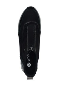 Schwarze Knöchelstiefel mit einem Reißverschluss, aus glattem synthetischem Material. Verfügt über kontrastierende Nähte und ein rundes Zehendesign.