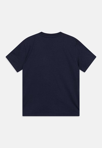 Dunkelblaues T-Shirt mit kurzen Ärmeln und Rundhalsausschnitt. Weiches, glattes Baumwollmaterial. Klassischer gerader Schnitt ohne Grafiken oder Verzierungen.