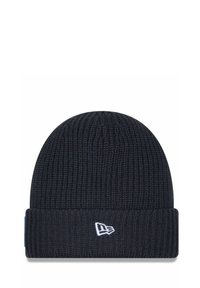 Schwarze Strickmütze mit umgeschlagenem Bund, die ein strukturiertes Muster aufweist und ein kleines weißes Logo auf der Vorderseite hat. Hergestellt aus einem weichen, warmen Material.