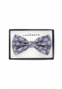 Fioletowy muszka w wzór paisley w pudełku prezentowym, z teksturowanym materiałem i centralnym węzłem. Widoczna nazwa marki "LANČERTO".