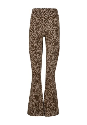 Braune, ausgestellte Leggings mit Leopardenmuster, aus einem weichen, dehnbaren Material gefertigt, mit einem breiten Gummibund für zusätzlichen Komfort.