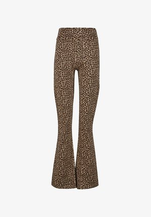 Hnedé rozšírené legíny s leopardím vzorom, vyrobené z mäkkého, elastického materiálu, s širokým elastickým pásom pre pohodlie.
