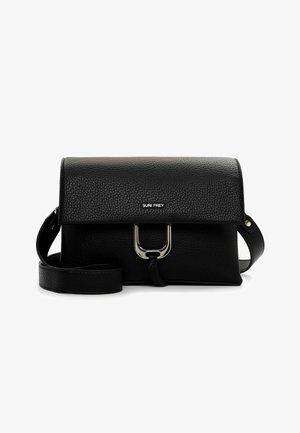 Black textured leather crossbody bag with metal U-shaped clasp and adjustable strap, branded "SURI FREY" on front flap.