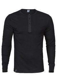Schwarzes Langarm-Henley-Shirt aus Baumwolle mit Rundhalsausschnitt, drei-knopfiger Knopfleiste und eng anliegenden Bündchen an den Ärmeln.