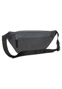 Borsetta a fanny pack grigia con una parte frontale in rete texturizzata, tasca con zip e tracolla nera regolabile. Design elegante ed ergonomico per una facile indossabilità.