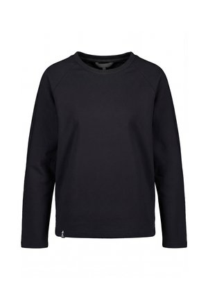 Black long-sleeve crewneck sweatshirt with a small tag on the lower left side, displayed on a white background.