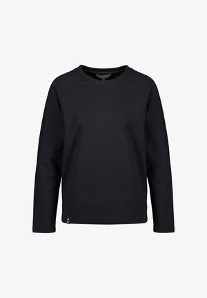 Black long-sleeve crewneck sweatshirt with a small tag on the lower left side, displayed on a white background.