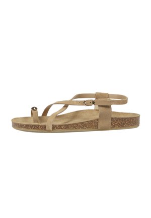 Sandalia beige de ante con suela de corcho, tira en el tobillo y pequeña hebilla metálica sobre fondo blanco.