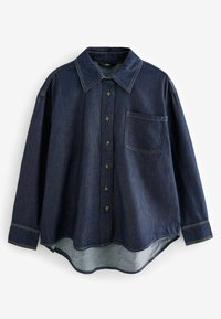 Dunkelblaus Denim-Hemd mit Kragen, durchgehender Knopfleiste, einer Brusttasche und langen Ärmeln. Abgerundeter Saum mit kontrastierendem helleren Stoff am unteren Ende.