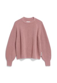 Rosa gestrickter Pullover mit Rundhalsausschnitt, Raglanärmeln und gerippter Textur. Verfügt über ein kleines Markenetikett an der Seite.