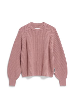 Pink knitted sweater with a crew neck, raglan sleeves, and ribbed texture. Features a small brand tag on the side.