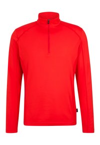 Roter Pullover mit langen Ärmeln, hohem Kragen und Viertelreißverschluss; glatte Textur, dehnbares Material und Flachnähte für hohen Tragekomfort.