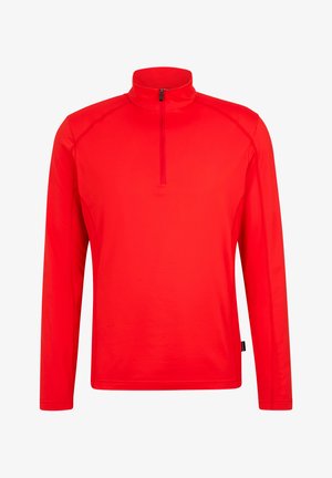 Roter Pullover mit langen Ärmeln, hohem Kragen und Viertelreißverschluss; glatte Textur, dehnbares Material und Flachnähte für hohen Tragekomfort.