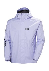 Light purple waterproof jacket with zippered pockets, elastic cuffs, and a hood. Features logo on the chest and long sleeves.