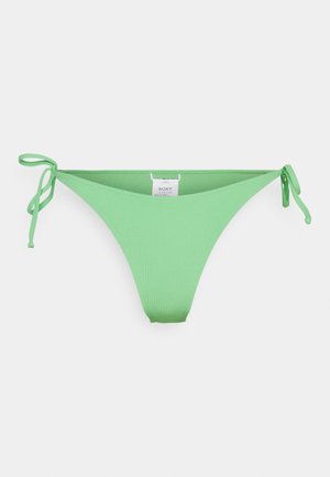 Green bikini bottom with tie side closures. Made from textured fabric, featuring a smooth interior surface and minimalistic design.