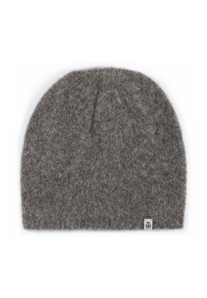 Gray wool beanie with a soft, felted texture. Rounded top and slightly folded hem, featuring a small logo tag on the side.