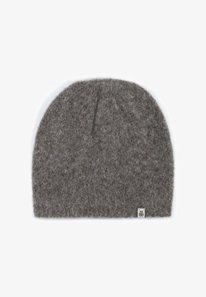 Gray wool beanie with a soft, felted texture. Rounded top and slightly folded hem, featuring a small logo tag on the side.