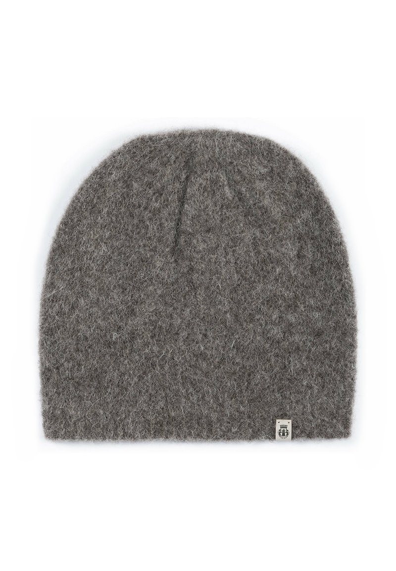 Gray wool beanie with a soft, felted texture. Rounded top and slightly folded hem, featuring a small logo tag on the side.