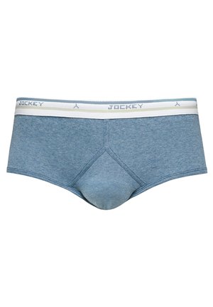 Blauwe katoenen slip met een strakke pasvorm, voorzien van een contoured verpakking. Elastische tailleband in het wit met het "JOCKEY" logo en subtiele details.