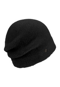 Beret morbido e nero in stile fuzzy con un piccolo logo metallico sul lato, mostrato su uno sfondo bianco.