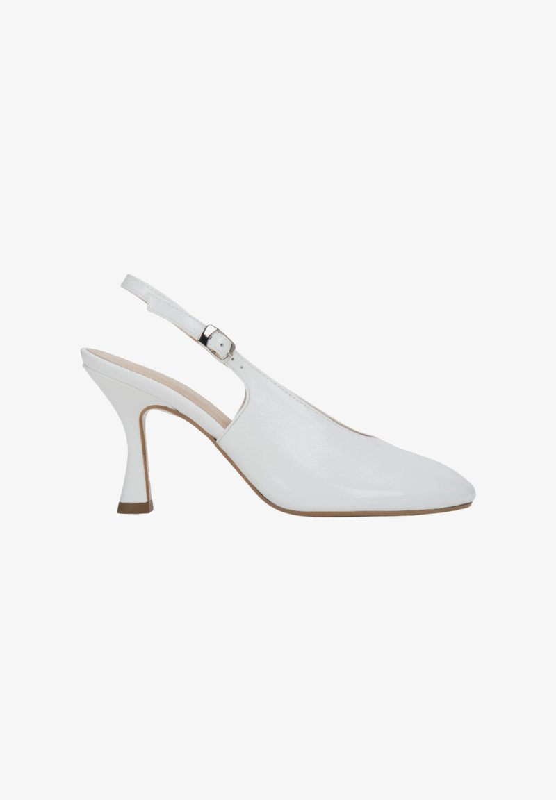 White slingback heel with a pointed toe, glossy patent finish, adjustable ankle strap, moderate cone-shaped heel, and minimalistic design.