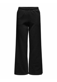 Pantaloni de trening negri, cu croi larg, cu talie elastică, confecționați dintr-un material moale din bumbac, cu o textură netedă și fără elemente metalice vizibile.