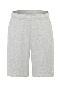Lichtgrijze katoenen shorts met een elastische tailleband, knielange snit en een subtiele textuur; voorzien van een klein rood en wit logo op de onderste zoom.