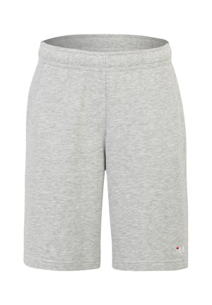 Light gray cotton shorts with an elastic waistband, knee-length cut, and subtle texture; features a small red and white logo on the lower hem.
