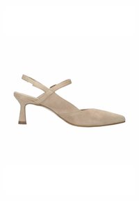 Chaussure à talon aiguille pour femme en suédine beige, à bout pointu et à bride autour de la cheville.