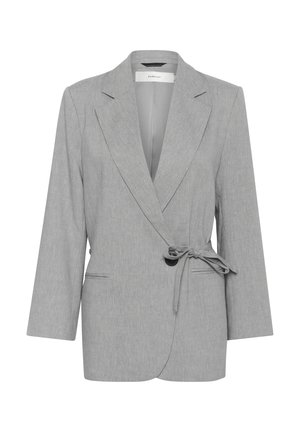 Grauer, strukturierter Blazer mit Wickeldesign, langen Ärmeln und gebundenem Taillenband. Verfügt über zwei Fronttaschen und Reverskragen.