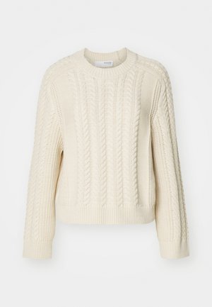 Cream cable-knit sweater with a crew neckline, long sleeves, ribbed cuffs and hem, featuring textured patterns throughout the body.