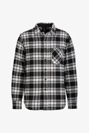 Schwarz-weiße karierte Hemdjacke mit langen Ärmeln, ausgestattet mit einer Brusttasche und einem weichen, strukturierten Stoff.