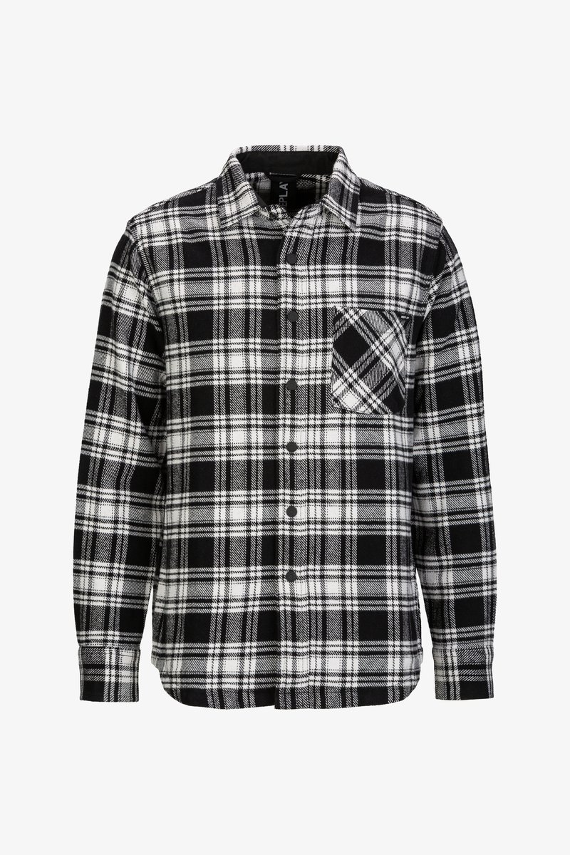 Schwarz-weiße karierte Hemdjacke mit langen Ärmeln, ausgestattet mit einer Brusttasche und einem weichen, strukturierten Stoff.