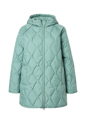 Giacca imbottita in verde menta chiaro, con un design a rombi, chiusura a zip completo e cappuccio regolabile. Tessuto morbido e leggero.