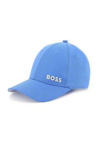 Blauwe baseballpet van katoen met een gebogen klep. Voorzien van een gestikt logo "BOSS" aan de voorkant en vijf ventilatiegaten.