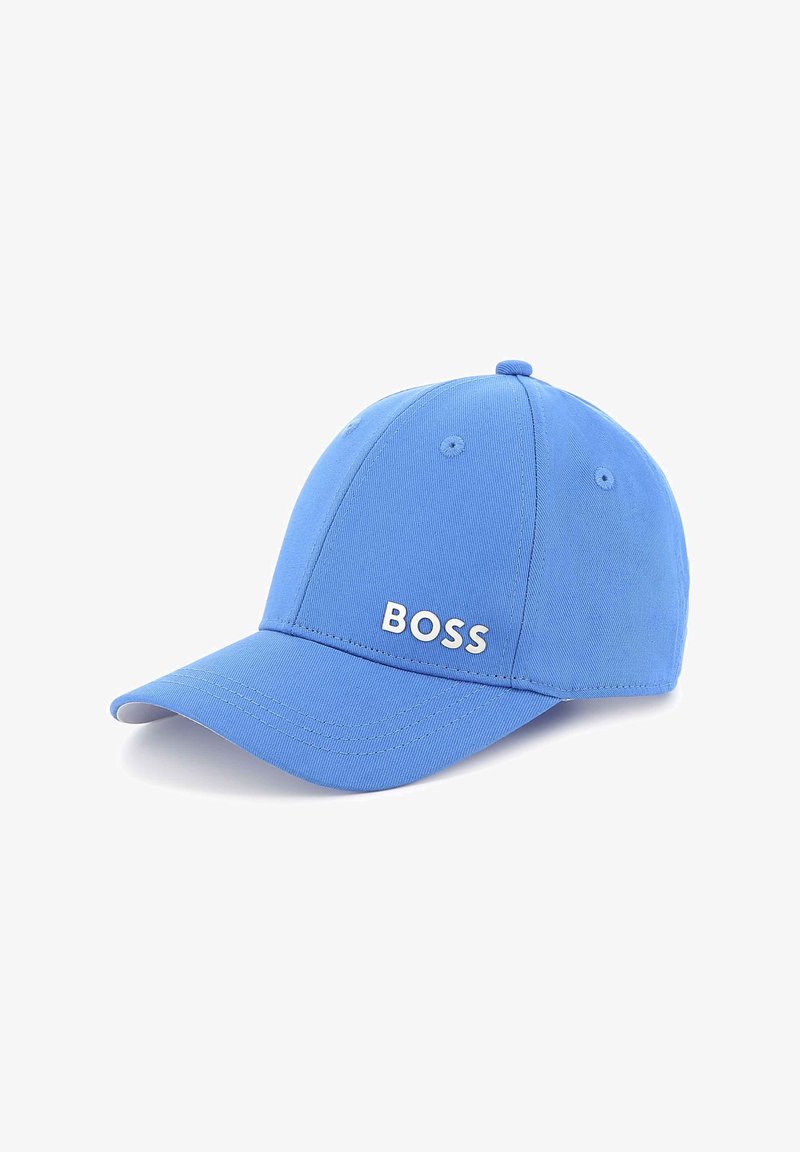 Blauwe baseballpet van katoen met een gebogen klep. Voorzien van een gestikt logo "BOSS" aan de voorkant en vijf ventilatiegaten.