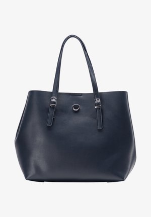 Granatowa skórzana torba typu tote z dwoma regulowanymi paskami na ramię i małym srebrnym pierścieniem na froncie.