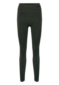 Leggings vert foncé en tissu extensible avec une large ceinture, présentant un design sans couture et une texture côtelée subtile.