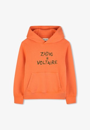 Sweat à capuche orange avec une poche avant et un cordon de serrage à la capuche. Caractérisé par un texte noir "ZADIG & VOLTAIRE" sur le devant. Matière en coton.