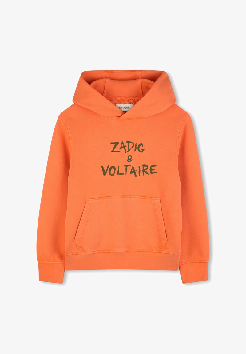 Sweat à capuche orange avec une poche avant et un cordon de serrage à la capuche. Caractérisé par un texte noir "ZADIG & VOLTAIRE" sur le devant. Matière en coton.