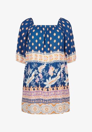 Blå blus med mönster, fyrkantig halsringning, puffärmar och utsmyckade blommönster. Har färgglada horisontella band med olika motiv.