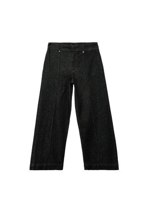 Sorte brede denimbukser med lige snit, der har forreste sømme og knaplukning i livet. Holdbart stof.